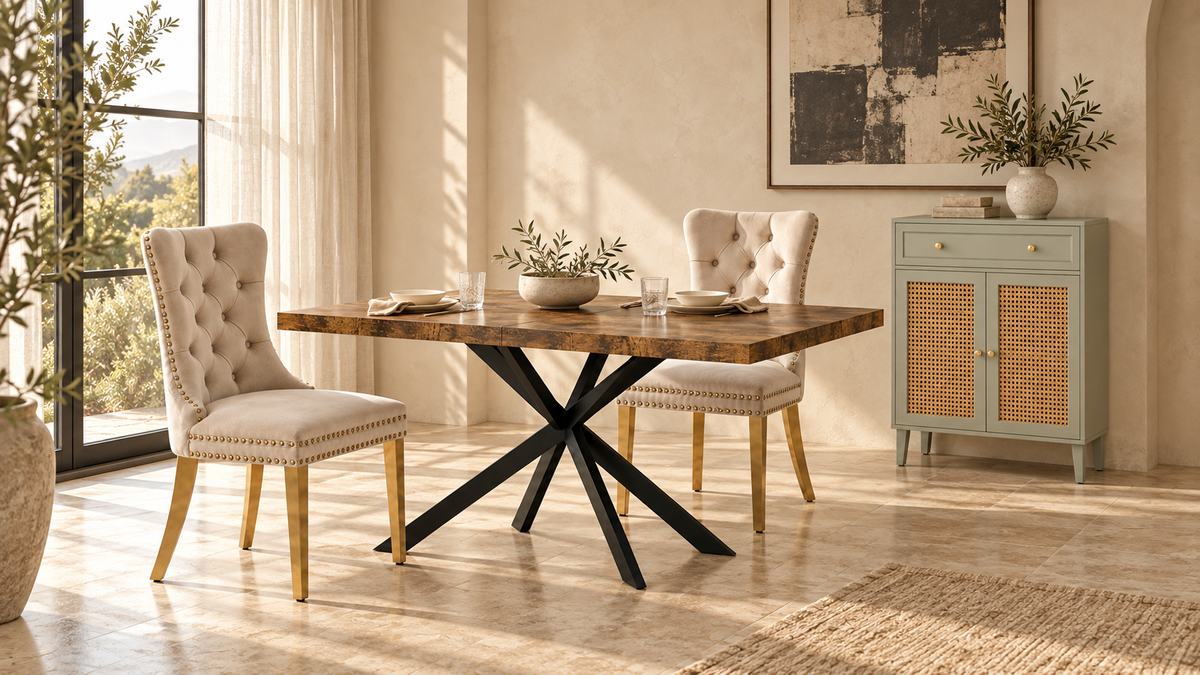 EVIM dining-room styling visualization with Rhea brown table, Elara beige velvet chairs and Fern mint cabinet
