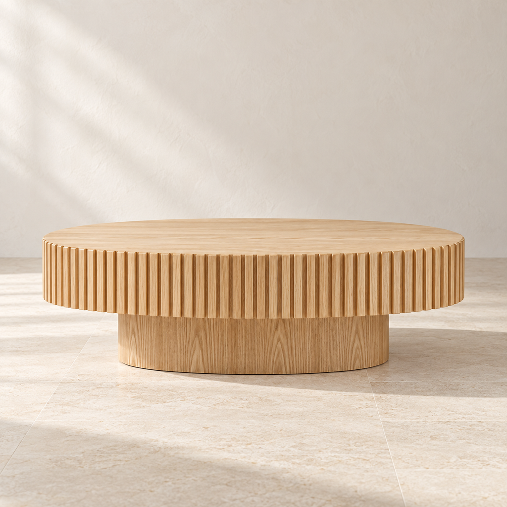 Forma oval coffee table with fluted apron and natural ash finish