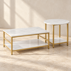 Marlow coffee and side table set with white marble-look tops and gold-tone frames