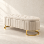 Odette beige velvet bench with tufted seat and rounded gold-tone legs