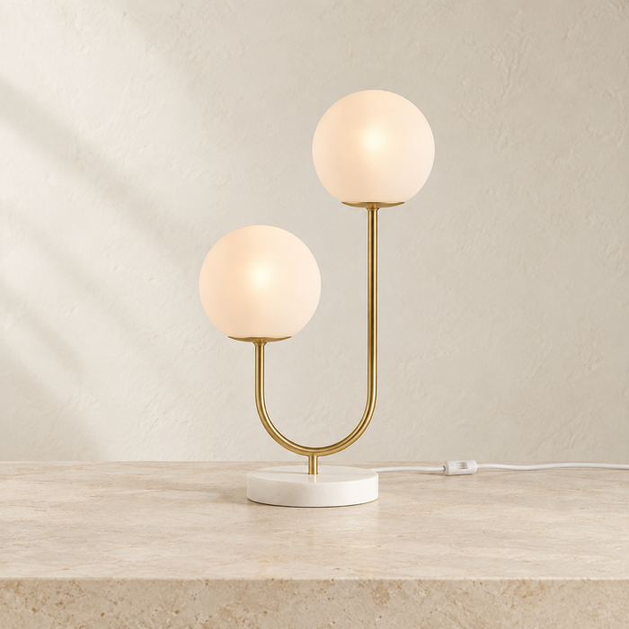 Orbe Double-Globe Table Lamp — Brass Tone & White