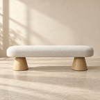Alba beige bouclé bench with rounded seat and tapered wood supports