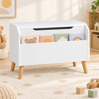 Alder white toy chest with front book display and natural-wood legs
