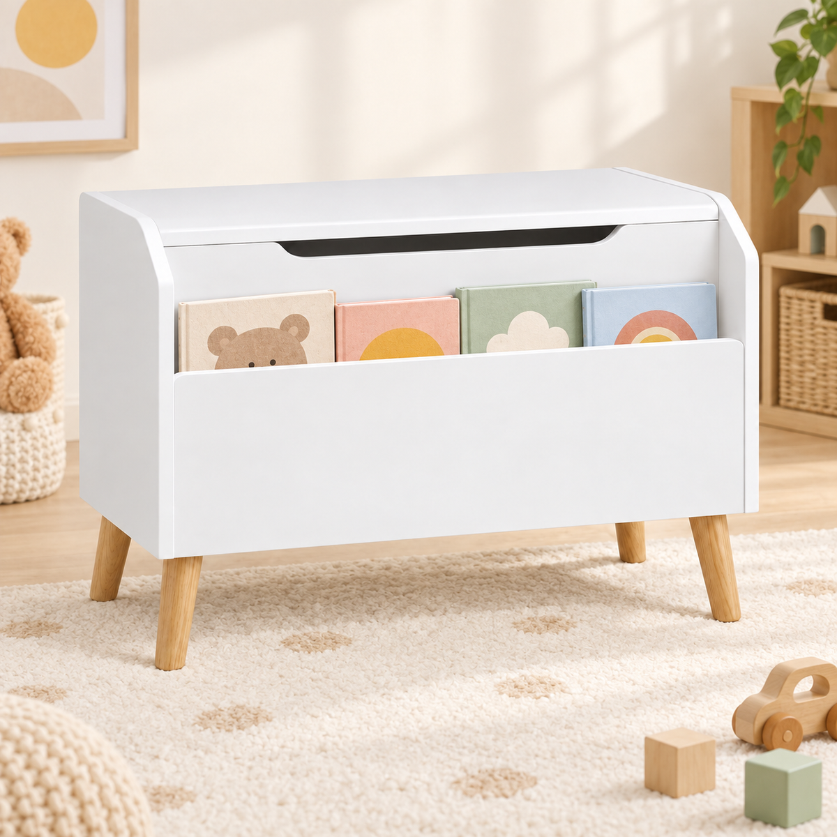 Alder white toy chest with front book display and natural-wood legs