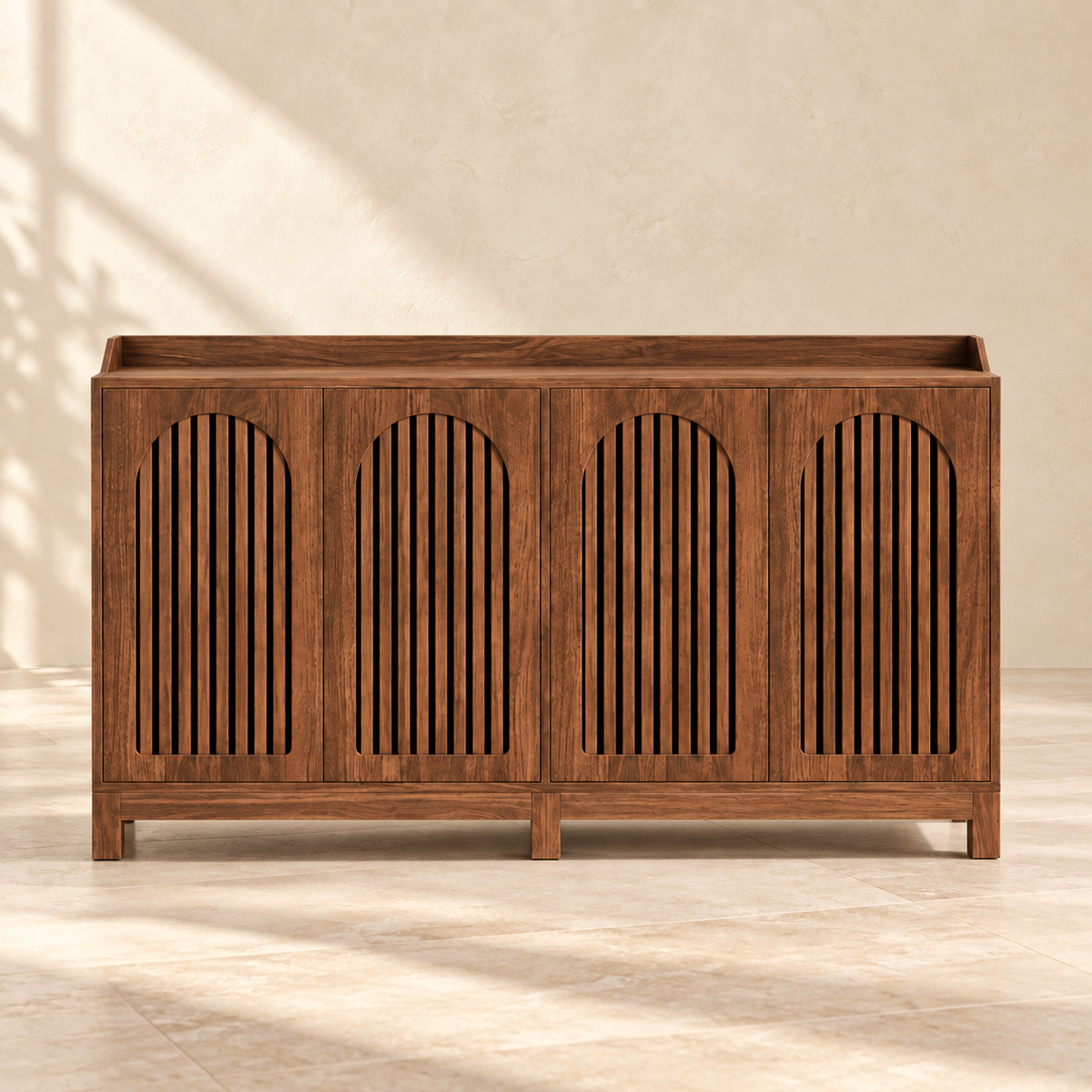 Front view of Arlo’s four-door sideboard and short legs