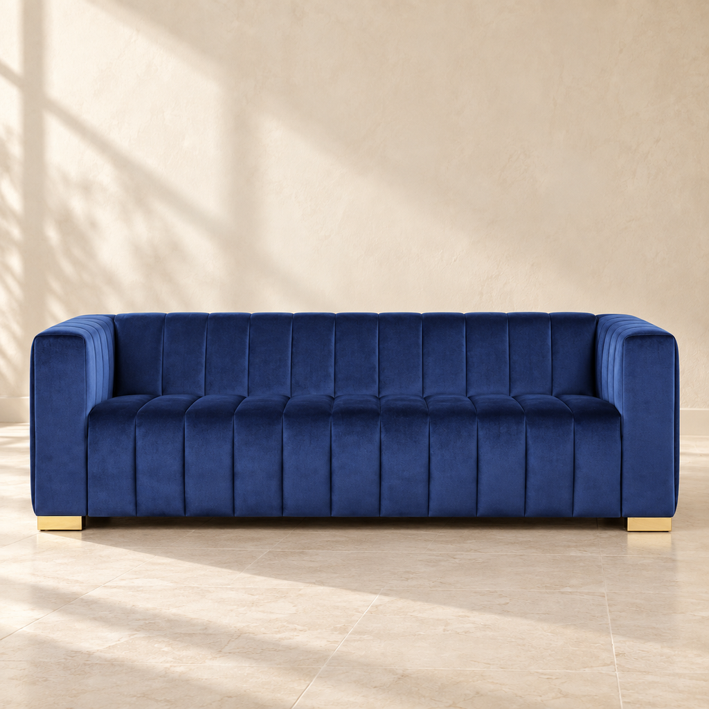 Front view of Belmont’s three-seat navy sofa