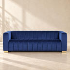 Front view of Belmont’s three-seat navy sofa