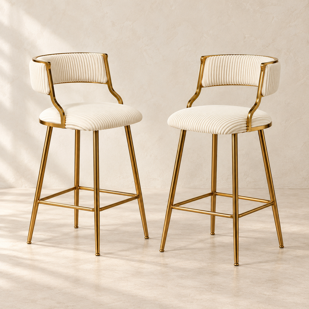 Two Linden beige corduroy counter stools shown from front and side angles