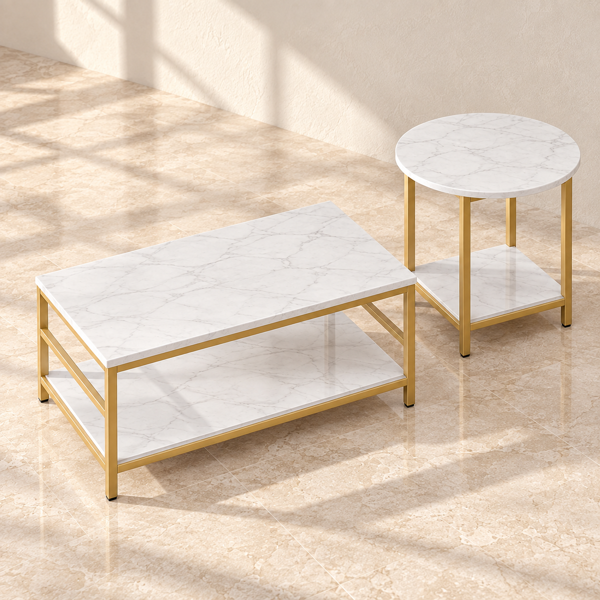 Angled view of the Marlow coffee table and round side table