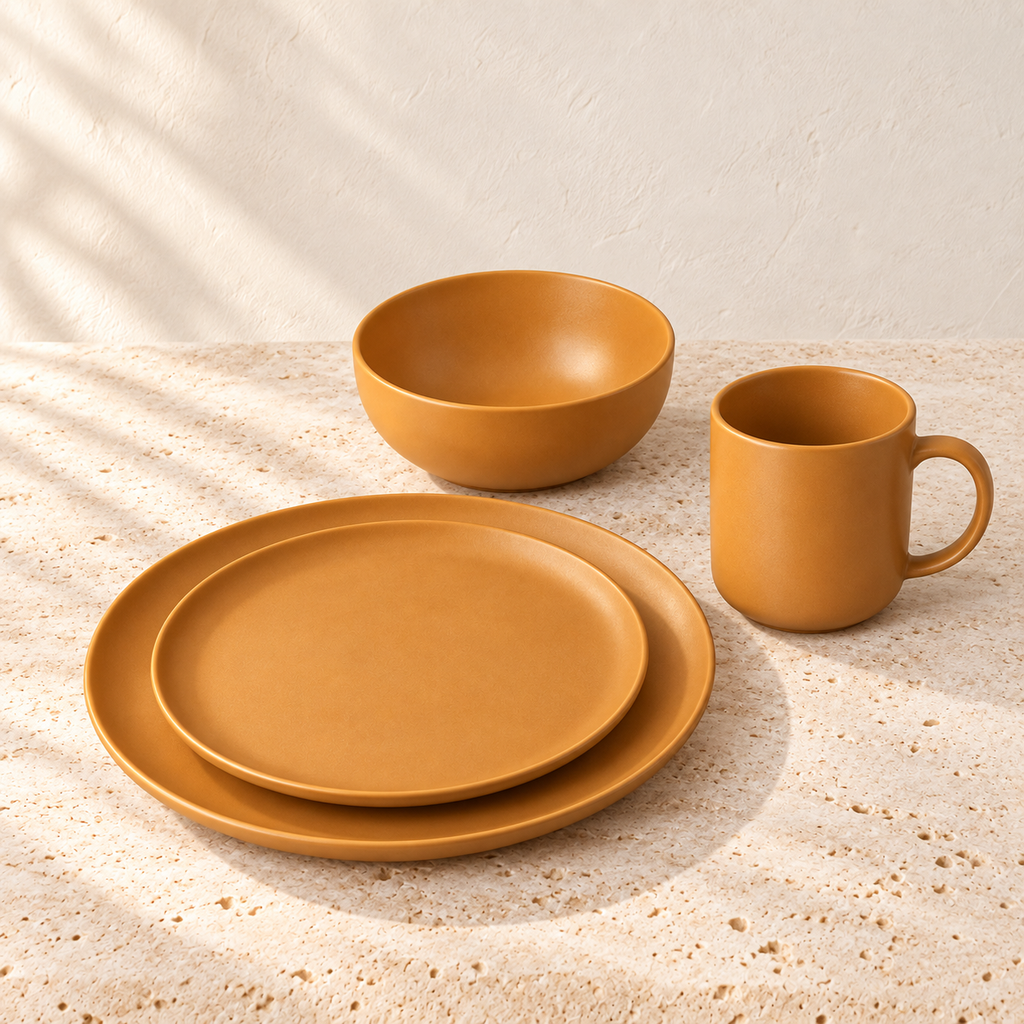 Ochre matte orange dinner plate, smaller plate, bowl and mug shown as a place setting