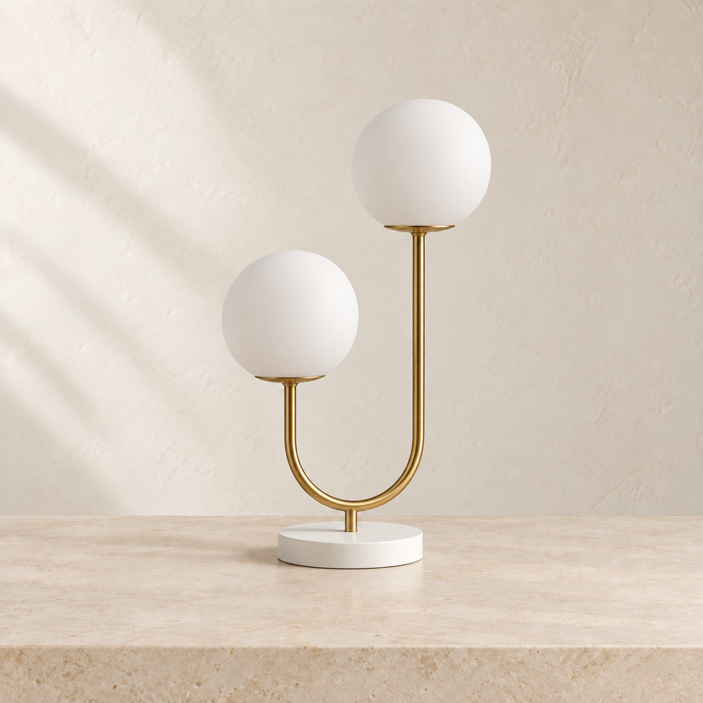 Orbe lamp unlit, showing two frosted glass globes at different heights