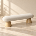 Angled view of Alba’s long upholstered bench