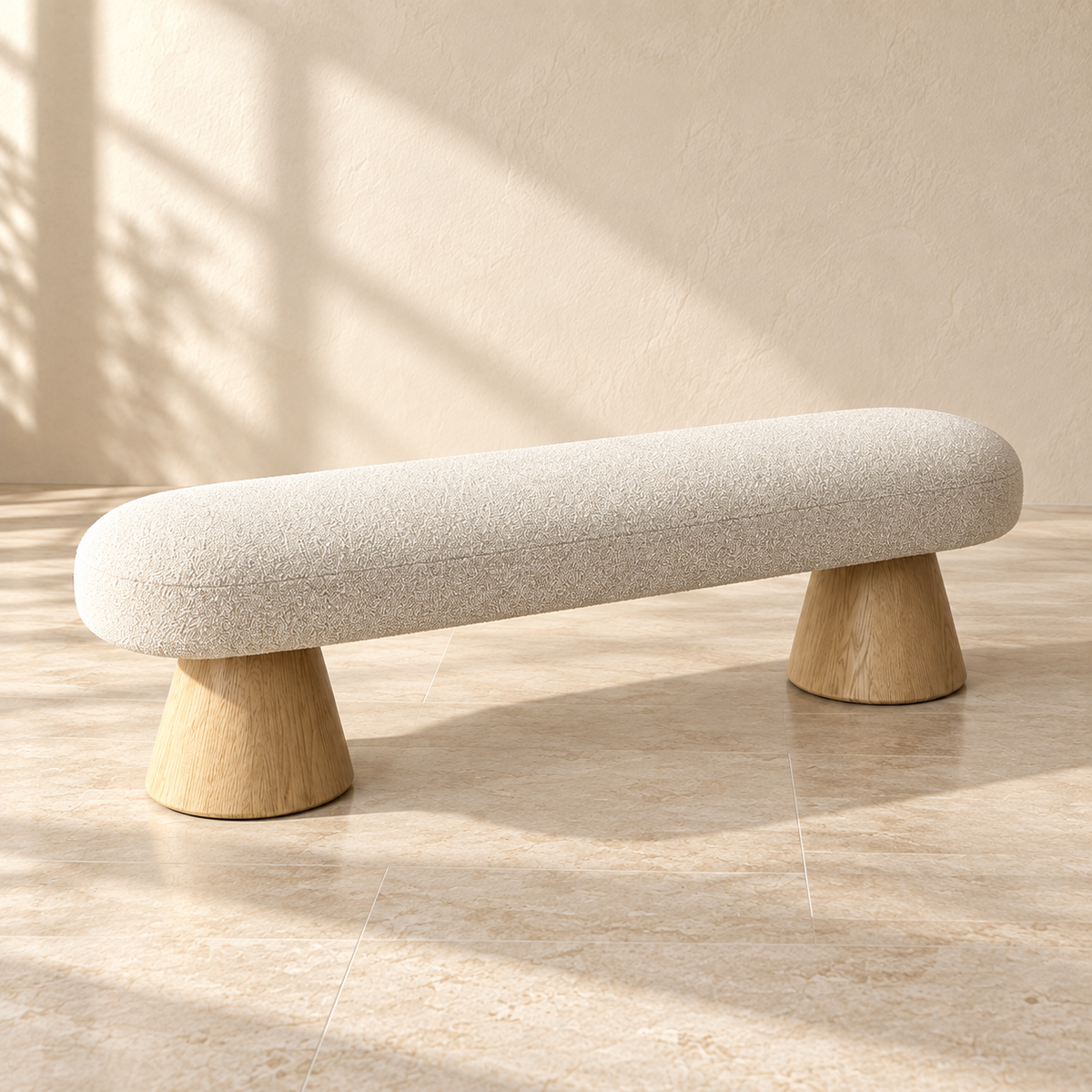 Angled view of Alba’s long upholstered bench