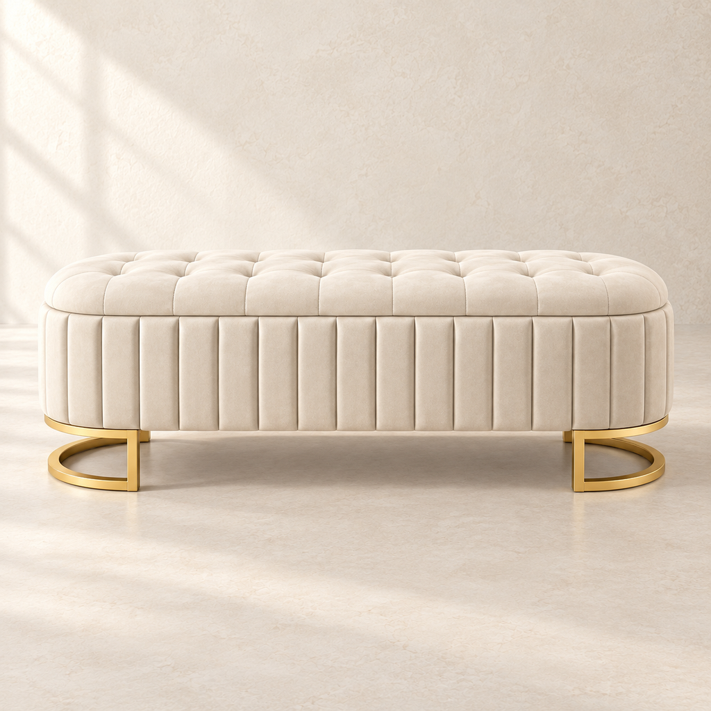 Front view of Odette’s upholstered bench and pleated sides