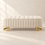 Front view of Odette’s upholstered bench and pleated sides