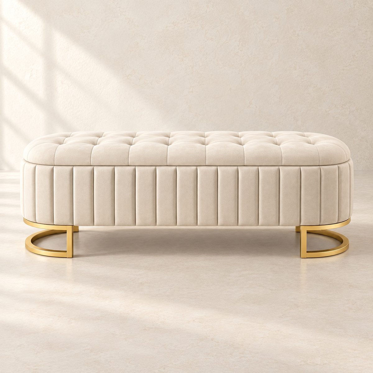 Front view of Odette’s upholstered bench and pleated sides
