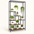 Aster black metal six-tier plant stand with staggered shelves and hanging planters on a light background