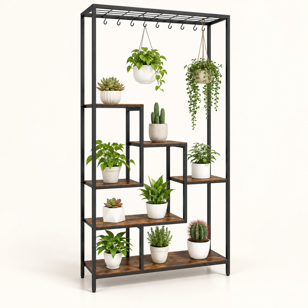 Aster black metal six-tier plant stand with staggered shelves and hanging planters on a light background