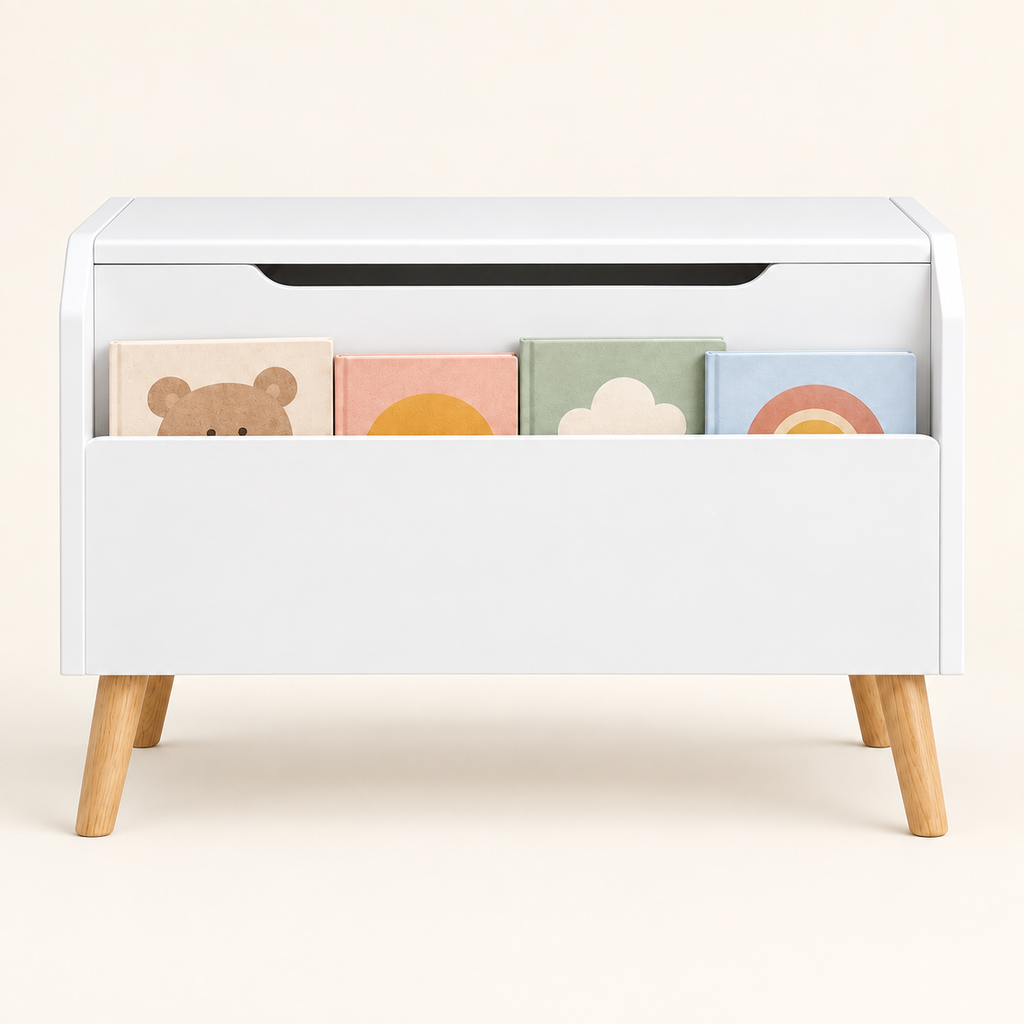 Front view of Alder’s toy chest and book display
