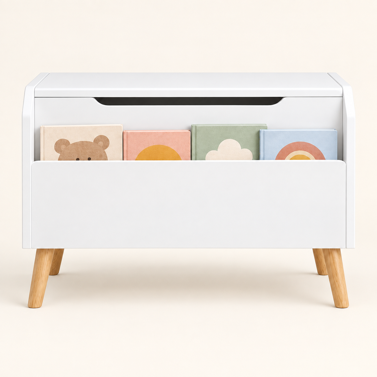 Front view of Alder’s toy chest and book display