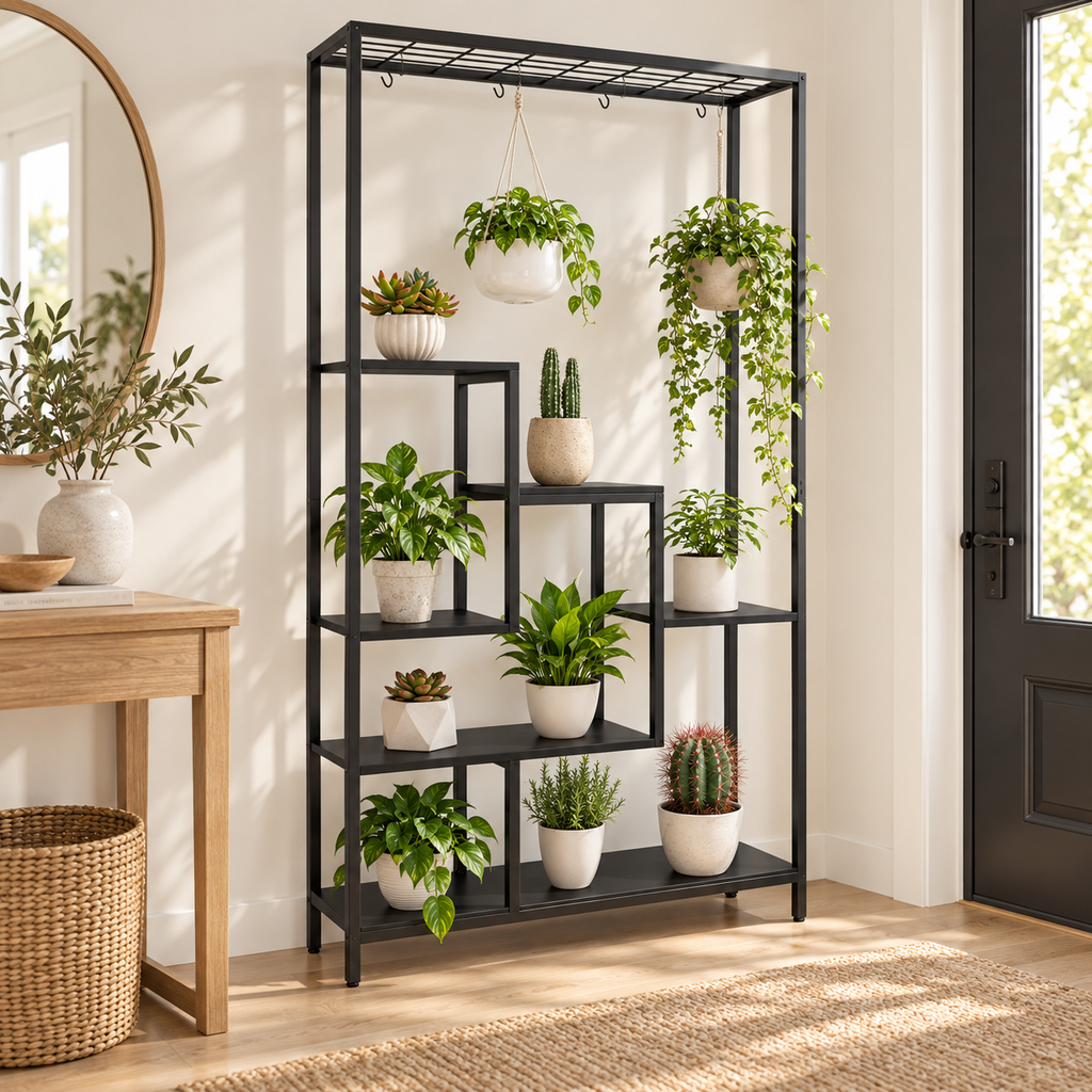 Aster plant stand styled with indoor greenery in a bright entryway