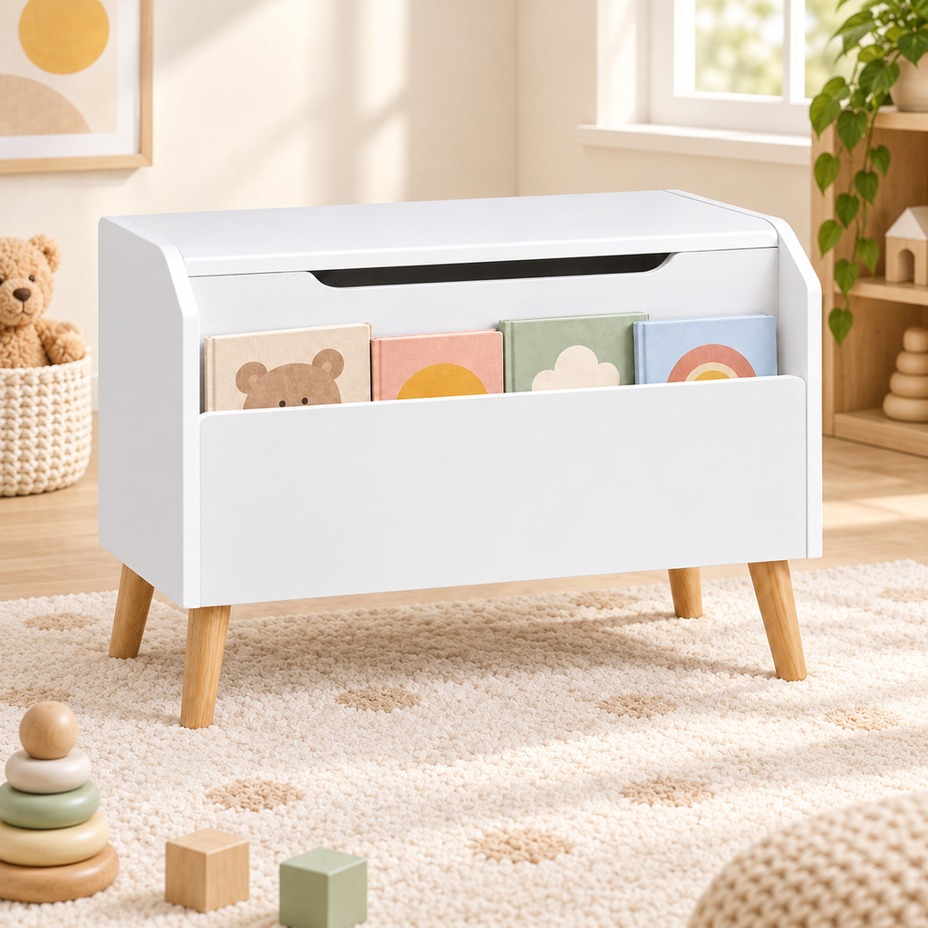 Alder toy chest styled with children’s books in a playroom