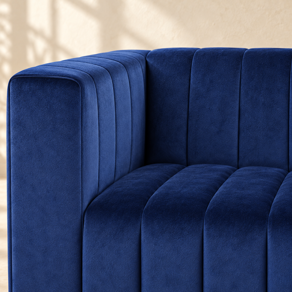 Close-up of Belmont’s velvet arm, back and channeled seat