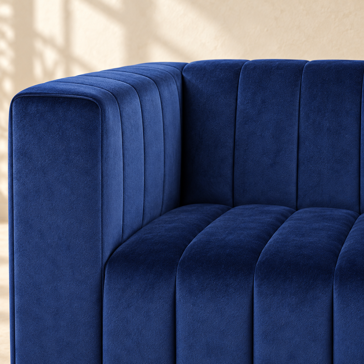 Close-up of Belmont’s velvet arm, back and channeled seat