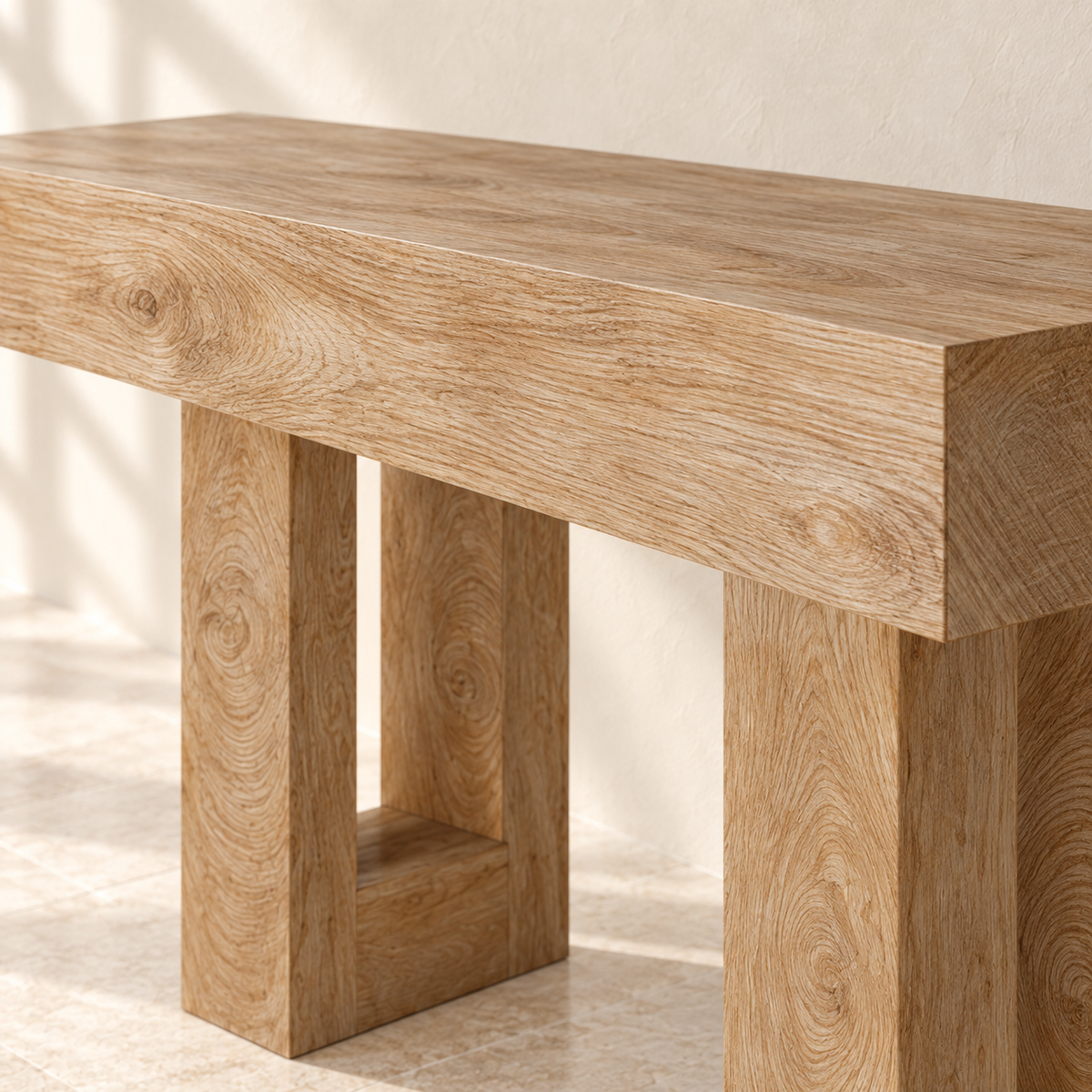 Close-up of Vale’s broad top and wood-look finish