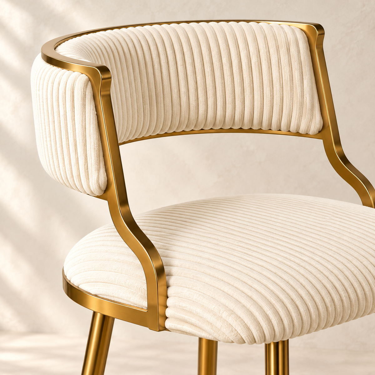 Close-up of Linden beige corduroy seat and curved upholstered back