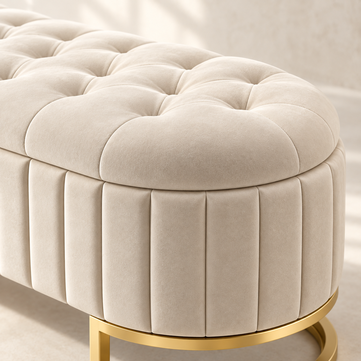 Close-up of Odette’s button-tufted beige velvet seat