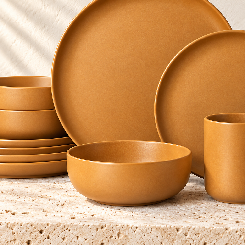 Close-up of Ochre matte stoneware plates and bowl showing the warm orange finish