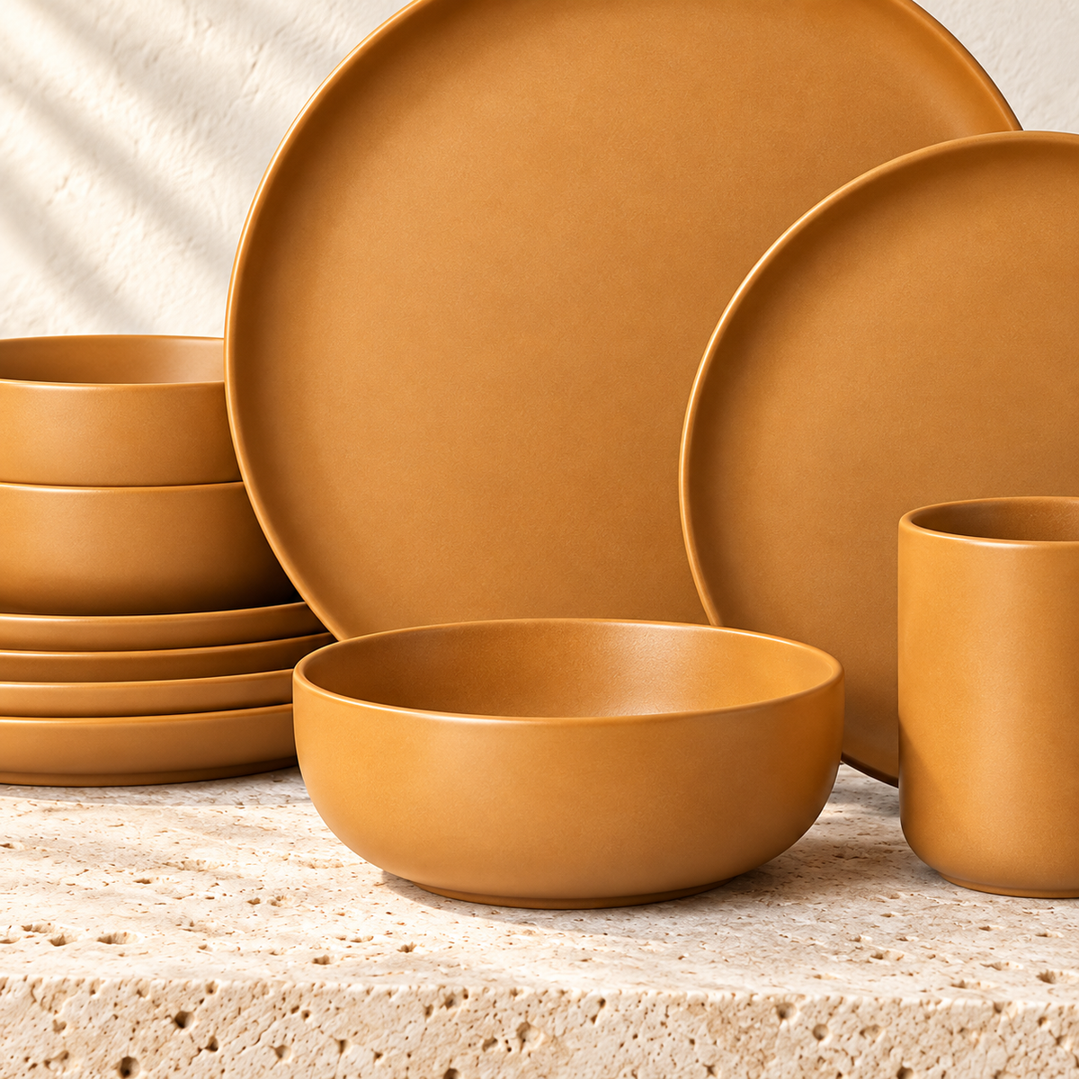 Close-up of Ochre matte stoneware plates and bowl showing the warm orange finish