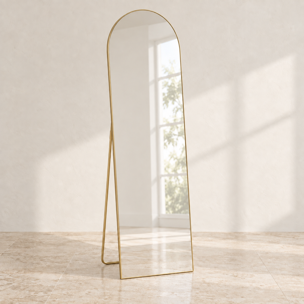 Linea arched full-length mirror with a gold-tone frame in a sunlit room