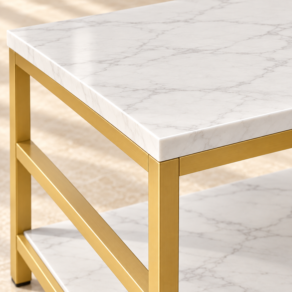 Close-up of Marlow’s marble-look surface and gold-tone corner frame