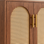Close-up of Marin’s woven rattan panel and brown door frame