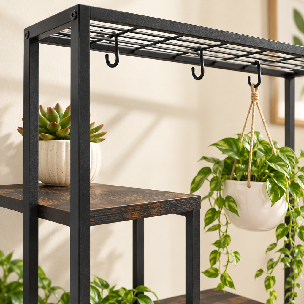 Close-up of the Aster plant stand black metal top rail, hanging hooks, and engineered wood shelf