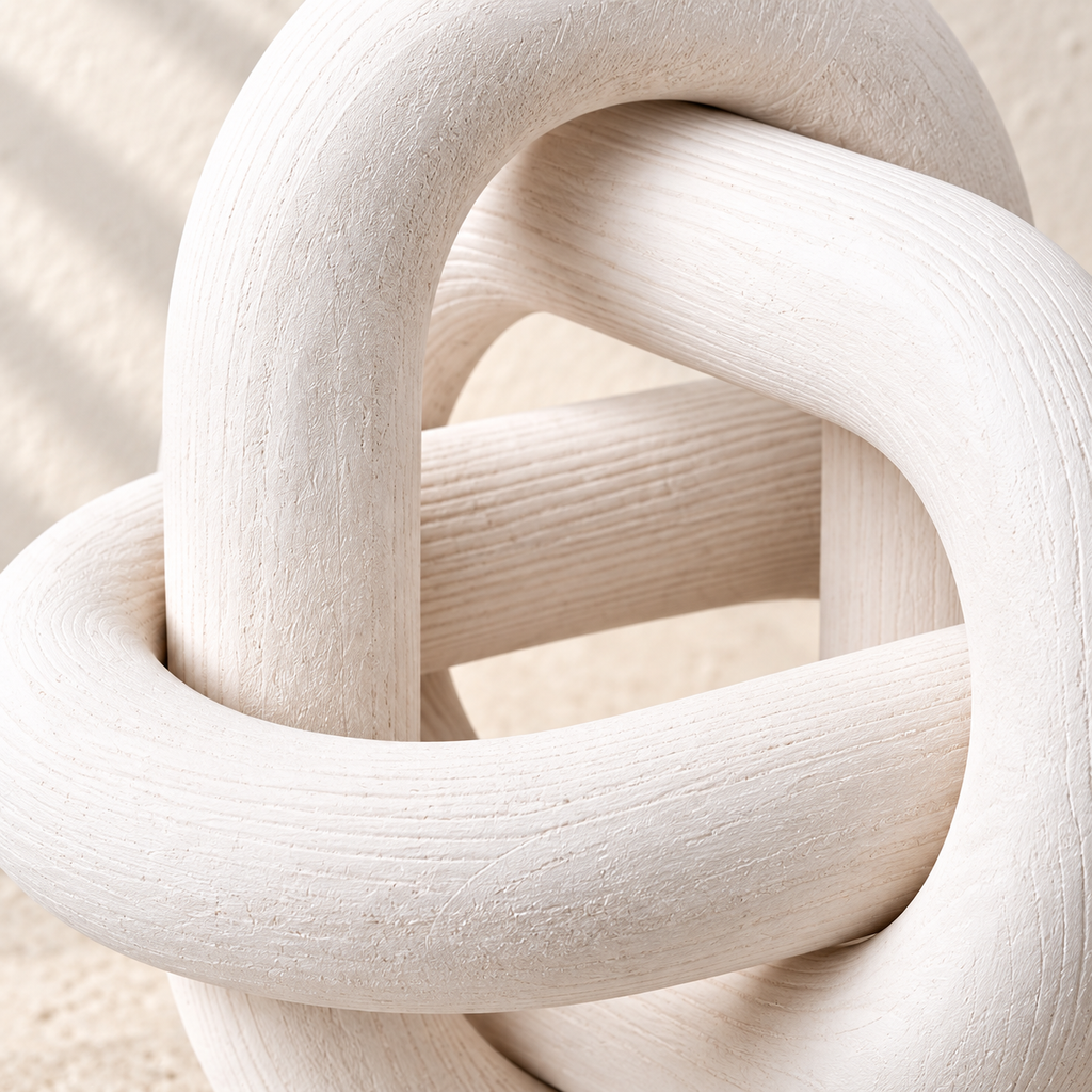 Close-up of Knot’s white wood grain and rounded crossing links