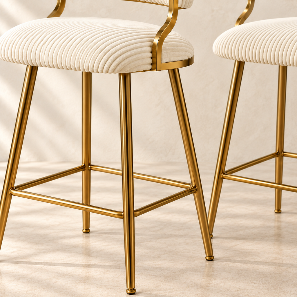 Detail of Linden gold-tone legs, crossbars and footrests beneath beige seats