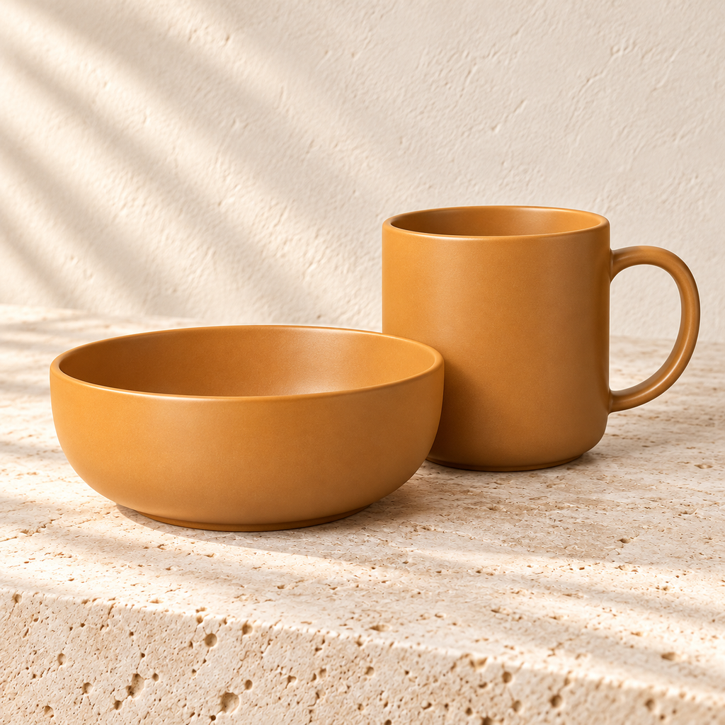 Ochre stoneware bowl and handled mug on a pale stone surface