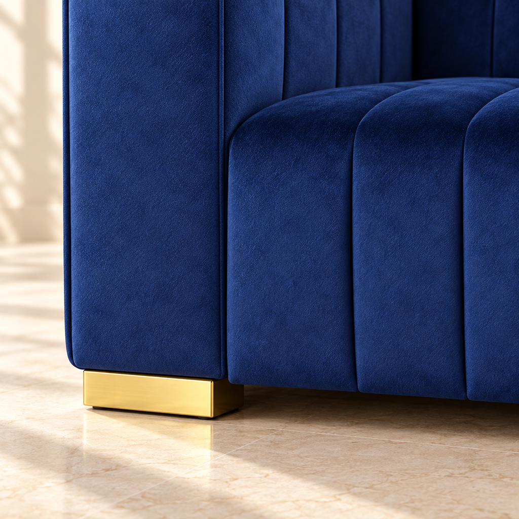Belmont navy upholstery and gold-tone block foot detail
