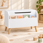 Angled view of Alder’s white storage chest and raised legs