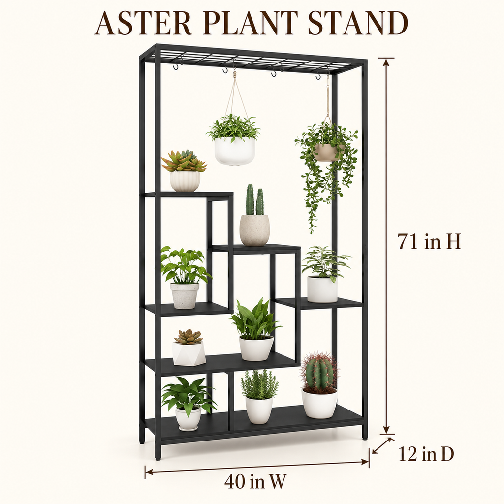 Aster indoor plant stand dimension guide showing 40 inch width, 12 inch depth, and 71 inch height