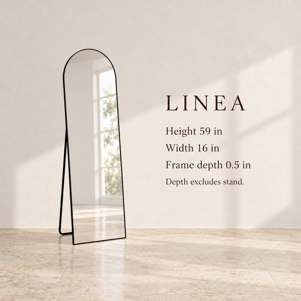 Linea full-length mirror size guide showing the arched standing model
