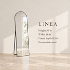 Linea full-length mirror size guide showing the arched standing model