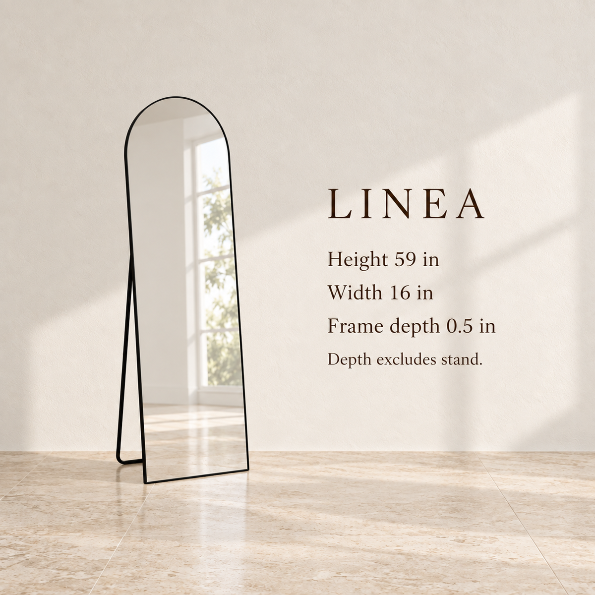 Linea full-length mirror size guide showing the arched standing model
