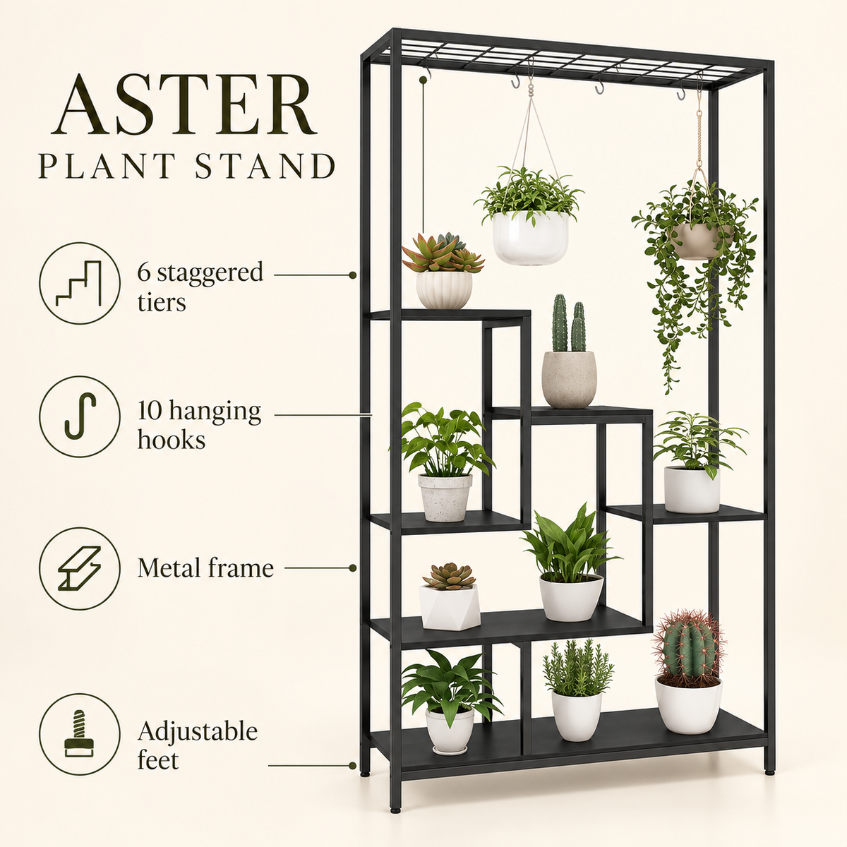 Aster plant stand feature guide showing six staggered tiers, ten hooks, metal frame, and adjustable feet