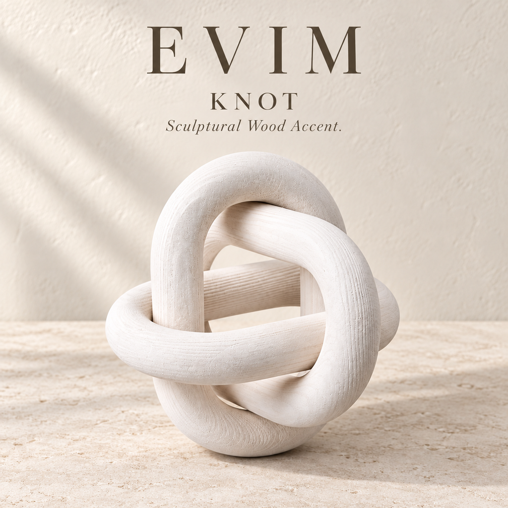 EVIM Knot white sculptural wood accent brand card