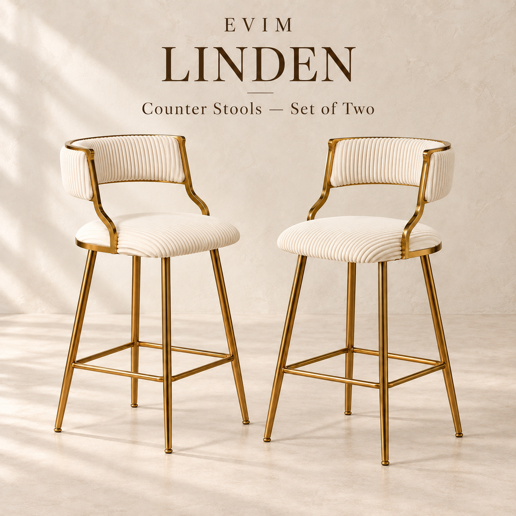 EVIM Linden beige counter stool pair brand card