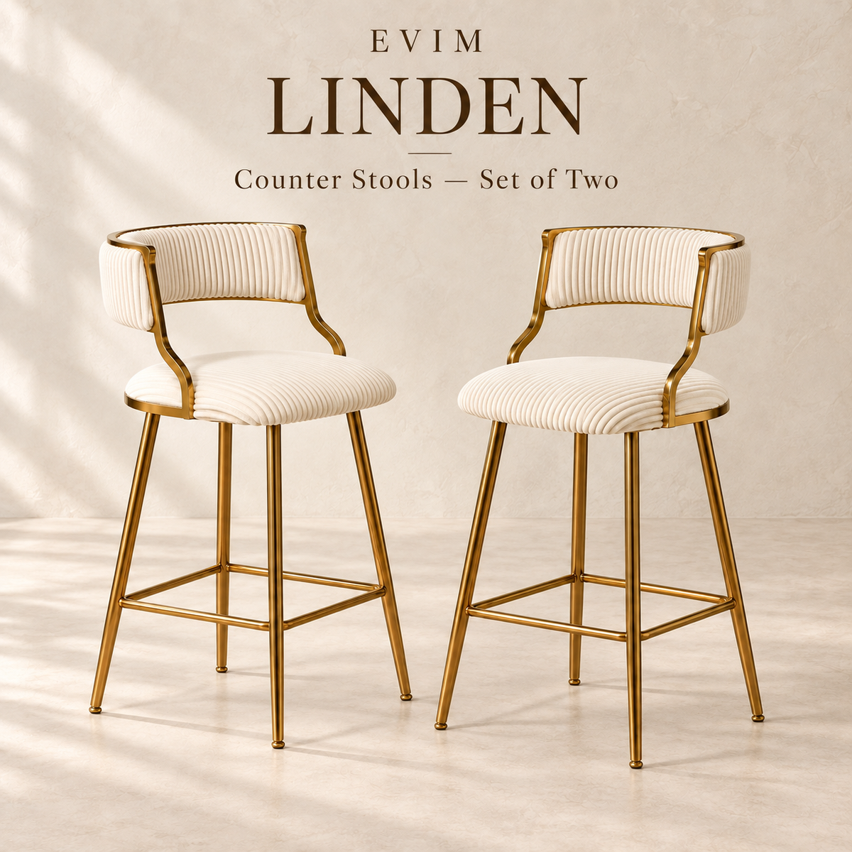 EVIM Linden beige counter stool pair brand card